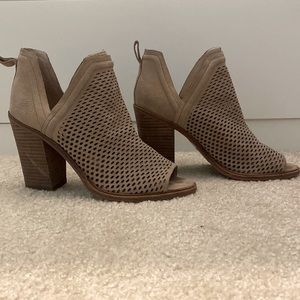 Tan open toe Vince Camuto booties